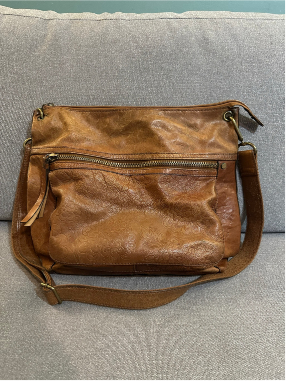 Fossil Brown Genuine Leather Crossbody Bag Floral Embossed